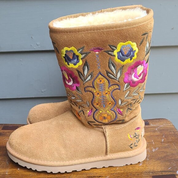 UGG Juliette Floral Embroidered Brown Suede Tall Boot size 6 - Picture 2 of 13